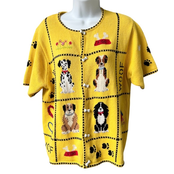 Marisa Christina Sweater Buton Up Cardigan Bright Yellow Dogs Cotton Size L - Picture 1 of 6